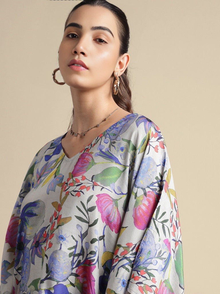 GREY MULTICOLOUR MUSLIN FLORAL PRINT TROPICAL KAFTAN DRESS