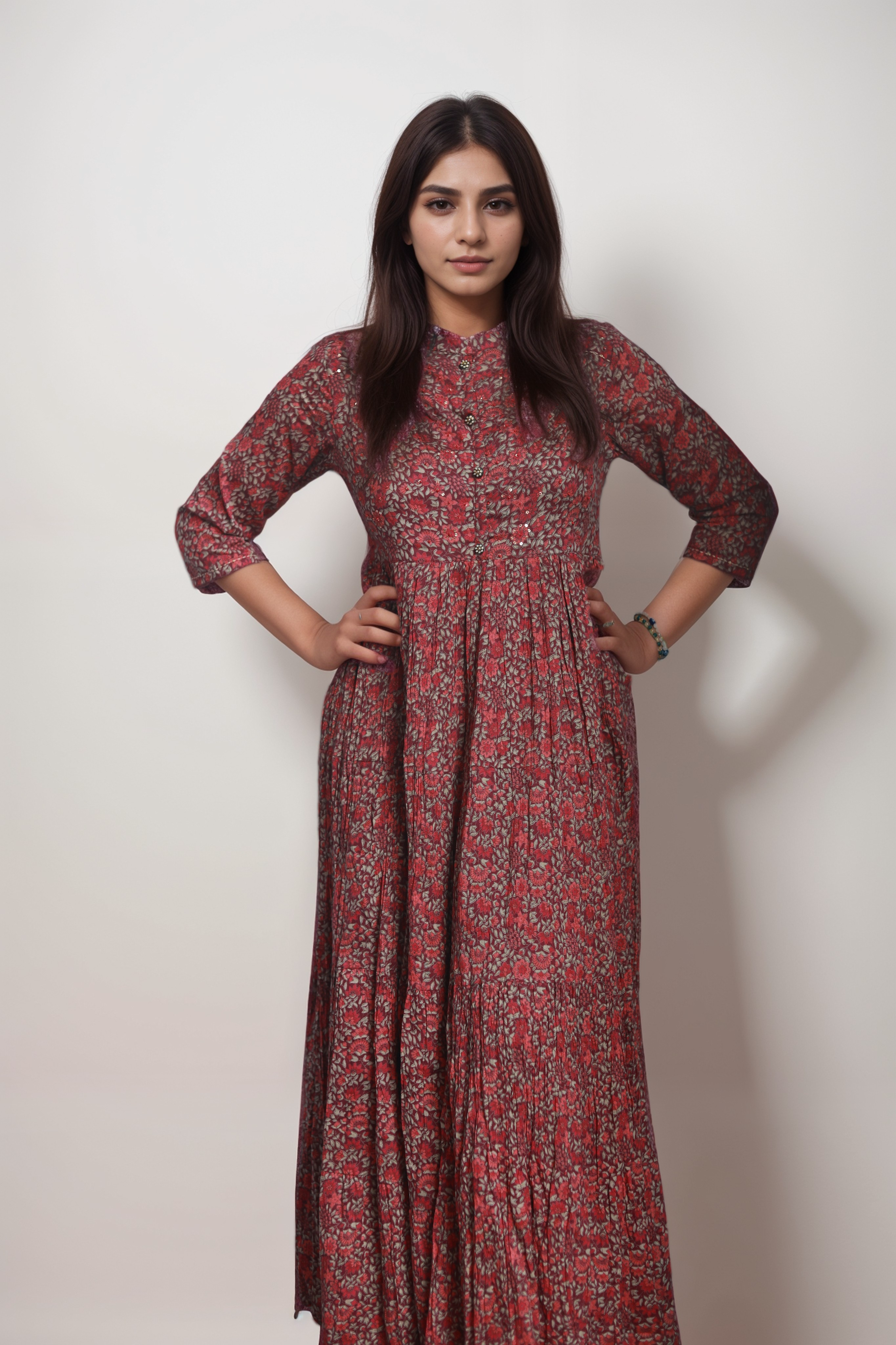 Maroon Floral Print Gown with Flared Fit