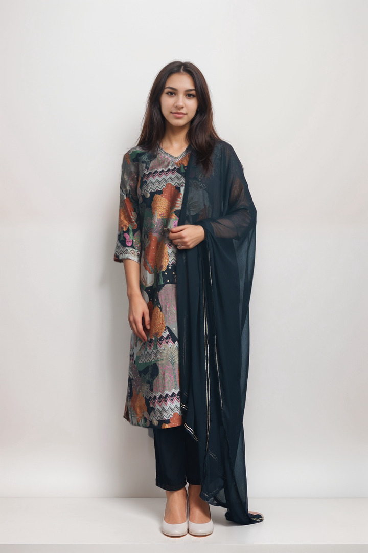 Festive Elegance: Black Tropical Print 3-Piece Chanderi Silk Suit