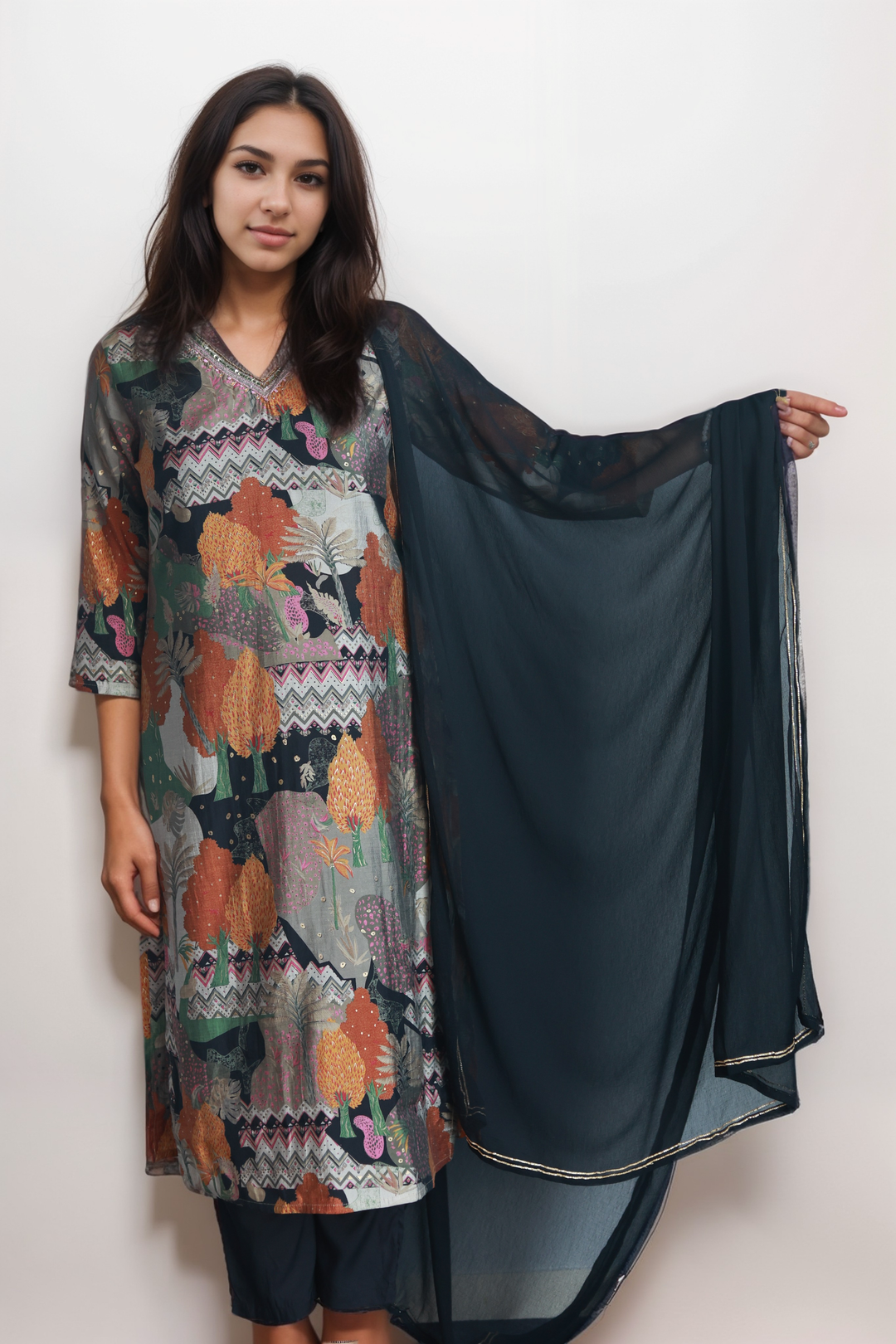 Festive Elegance: Black Tropical Print 3-Piece Chanderi Silk Suit