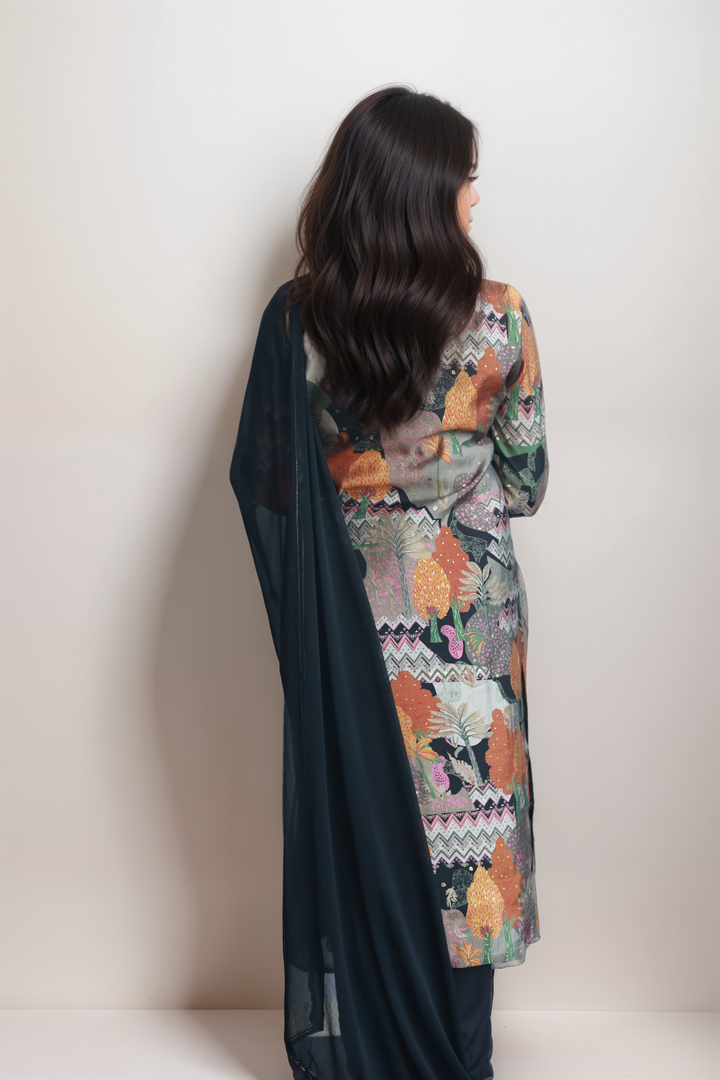 Festive Elegance: Black Tropical Print 3-Piece Chanderi Silk Suit