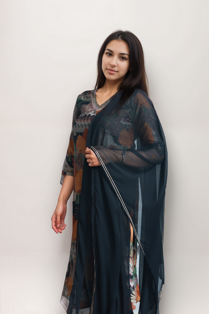 Festive Elegance: Black Tropical Print 3-Piece Chanderi Silk Suit