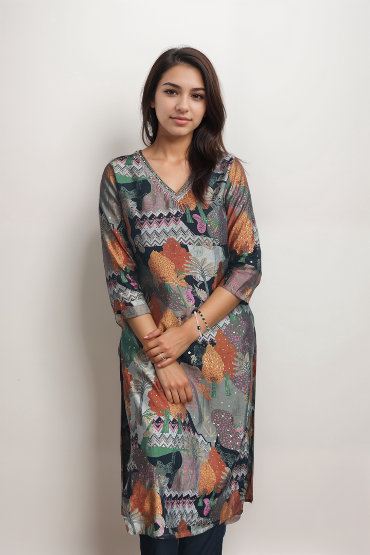 Festive Elegance: Black Tropical Print 3-Piece Chanderi Silk Suit