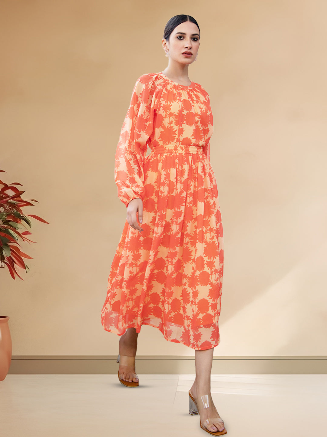 Orange Georgette Printed Regular Co-ord Set with Skirt