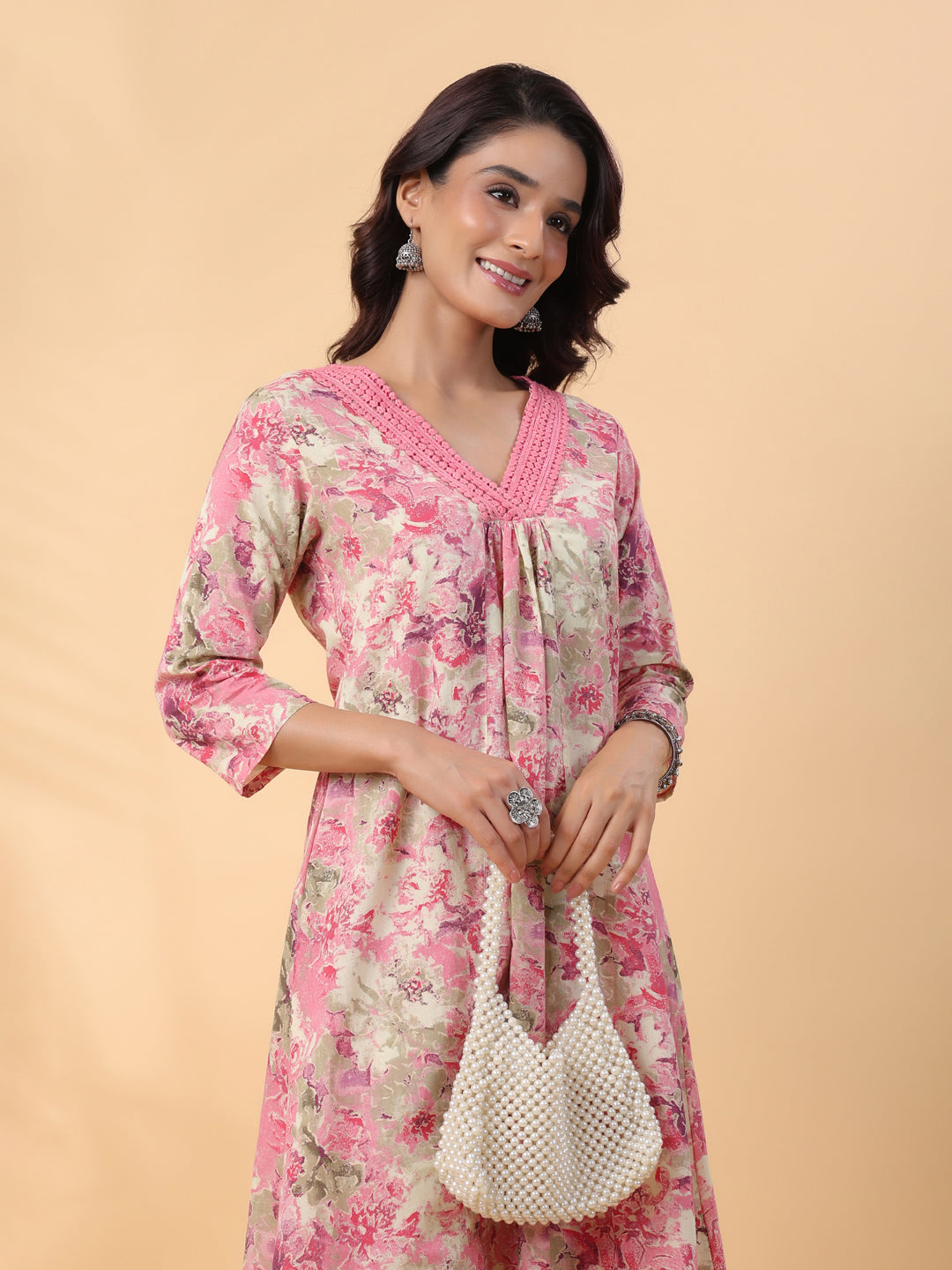 Cream Cotton Abstract Pleated Kurta Set