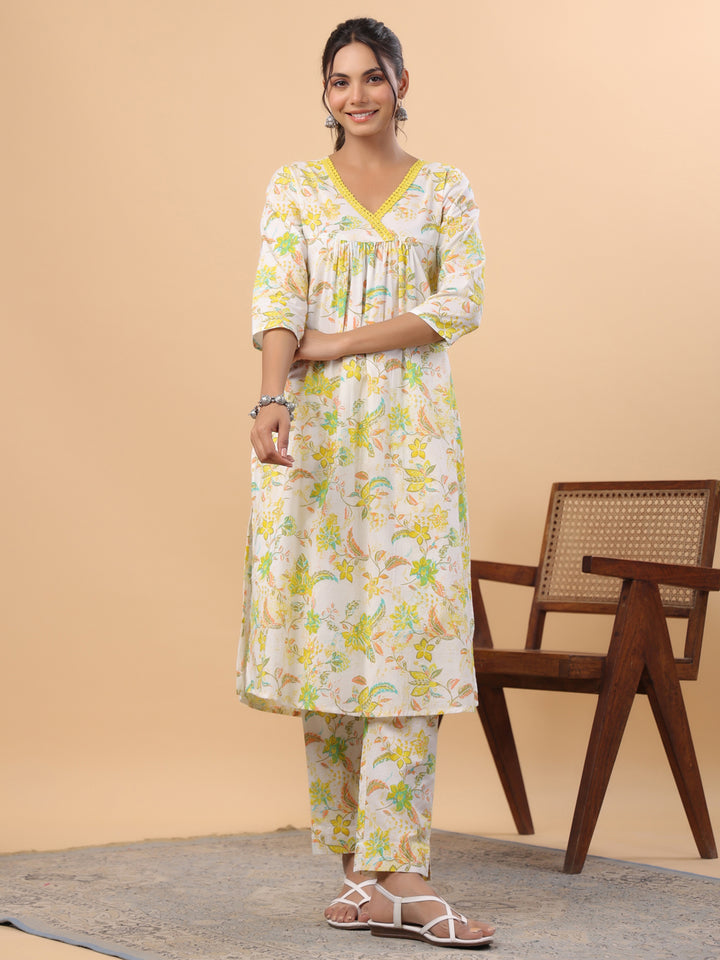 Elegant White Cotton Printed A-Line Kurta Set