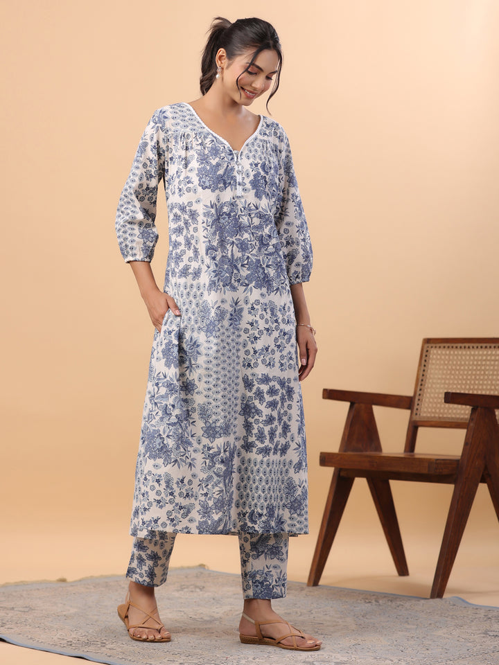 Blue Cotton Tropical Kurta Set