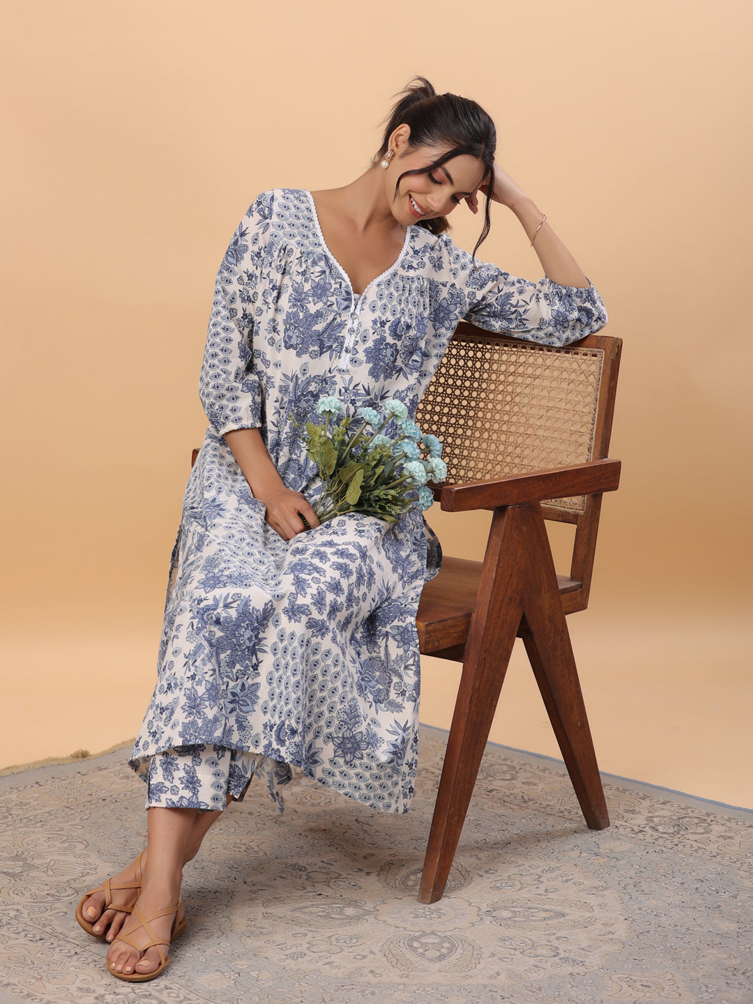 Blue Cotton Tropical Kurta Set