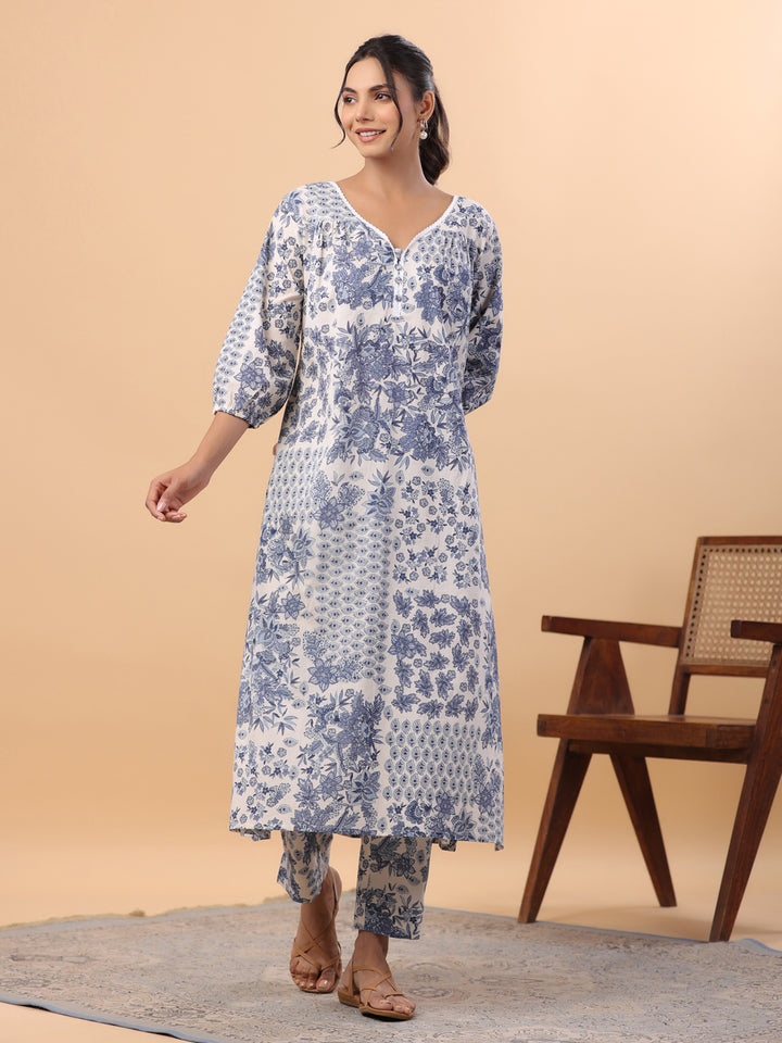 Blue Cotton Tropical Kurta Set