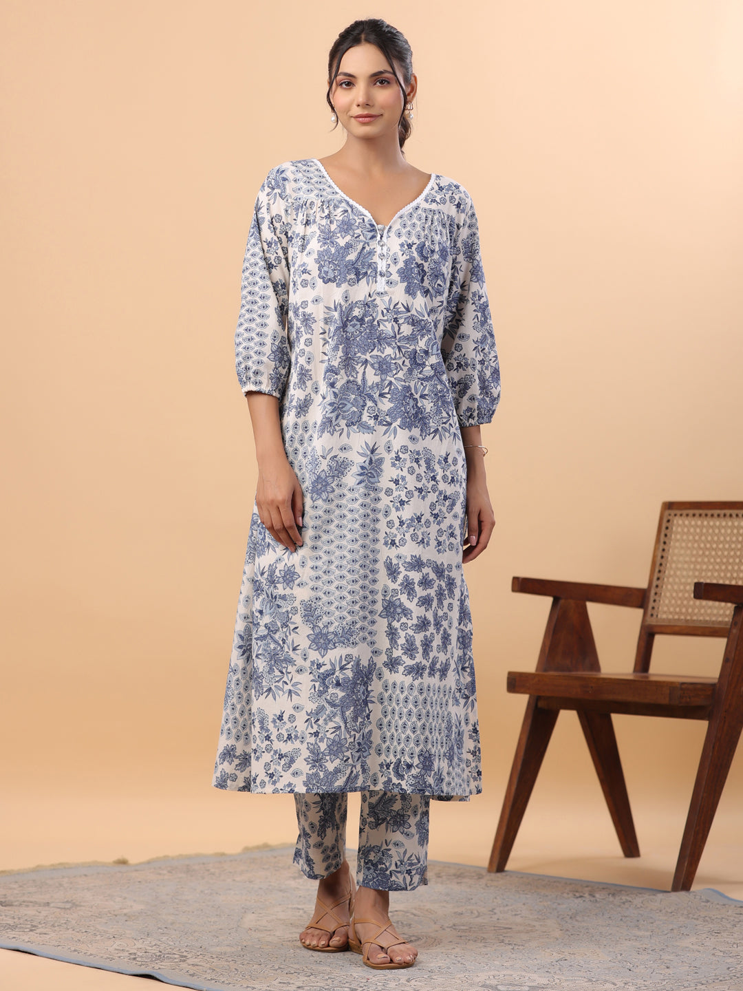 Blue Cotton Tropical Kurta Set