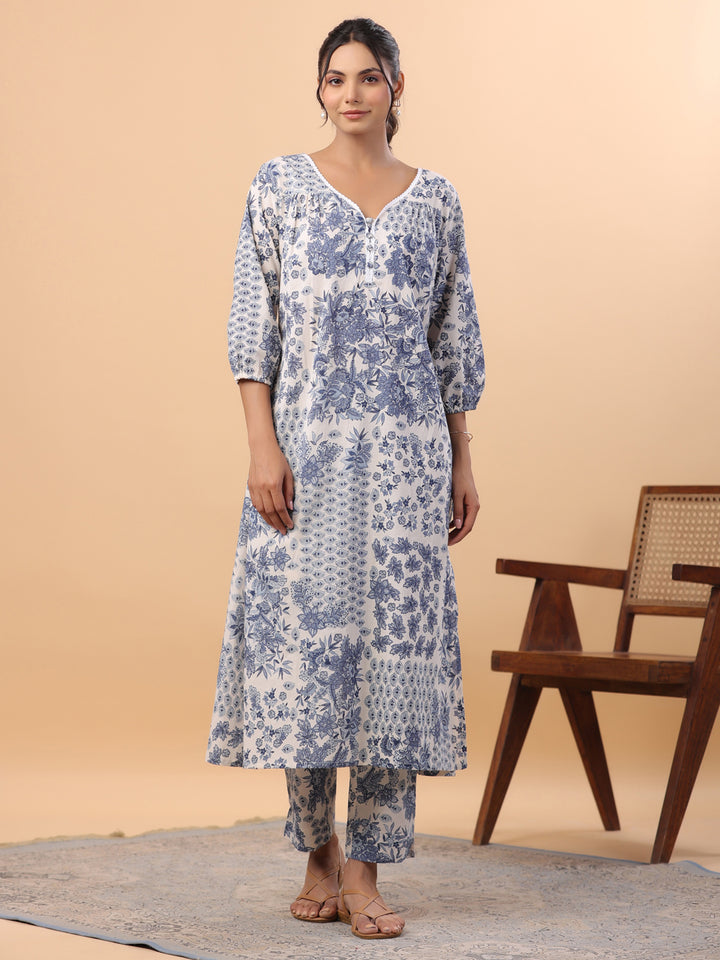 Blue Cotton Tropical Kurta Set