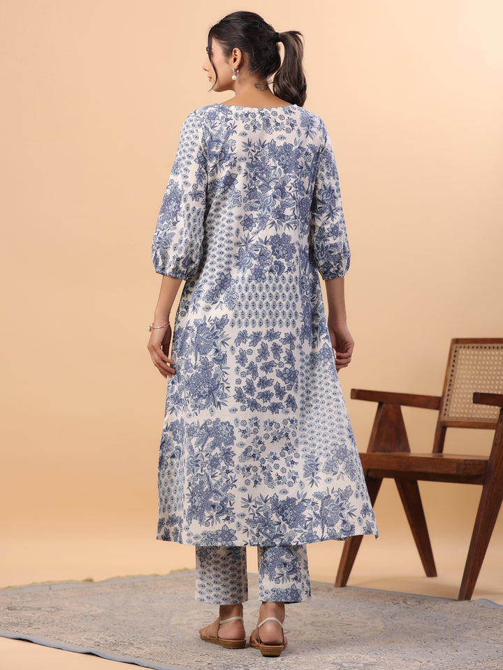 Blue Cotton Tropical Kurta Set