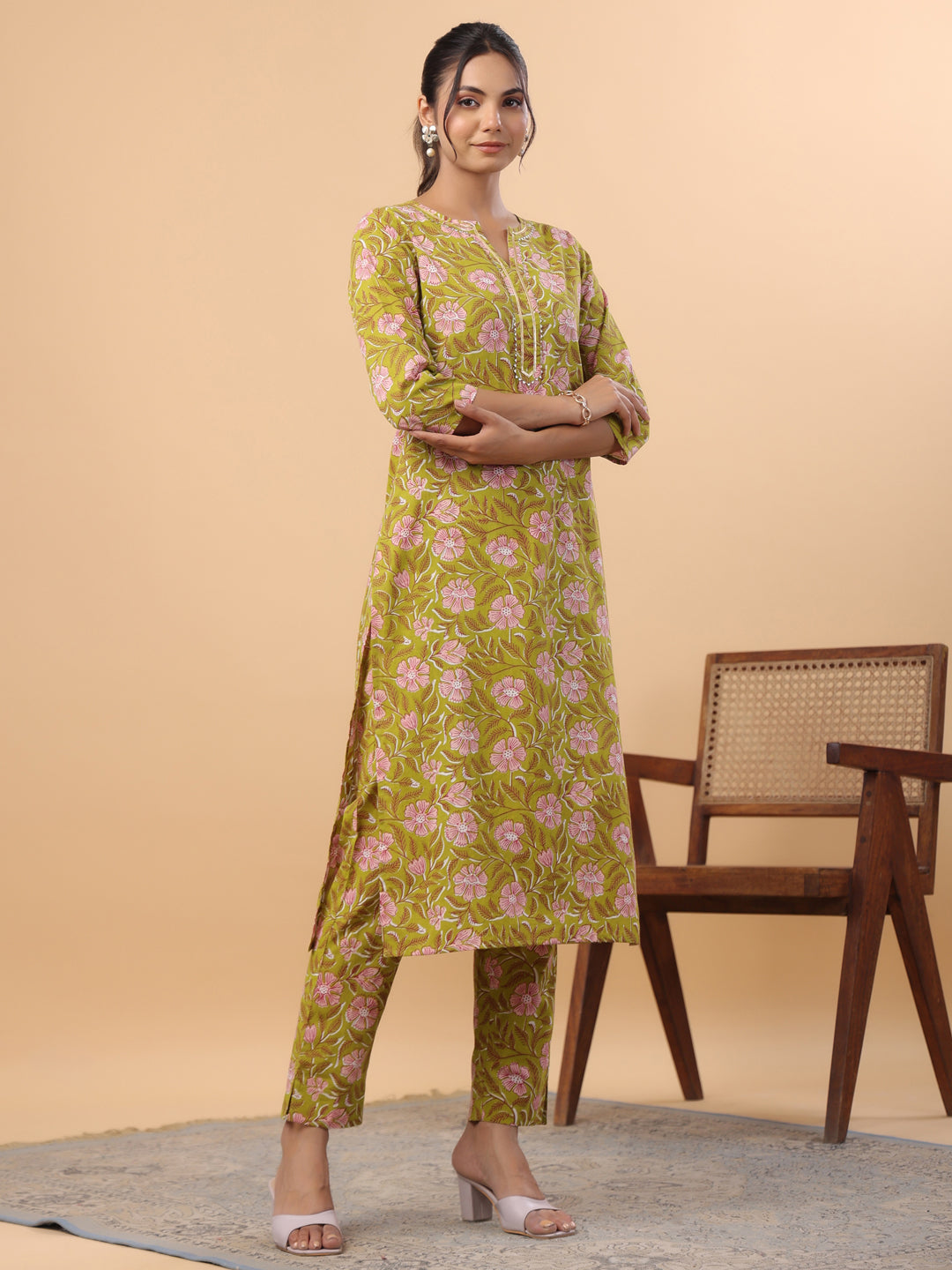 Lime Green Floral Cambric Kurta Set