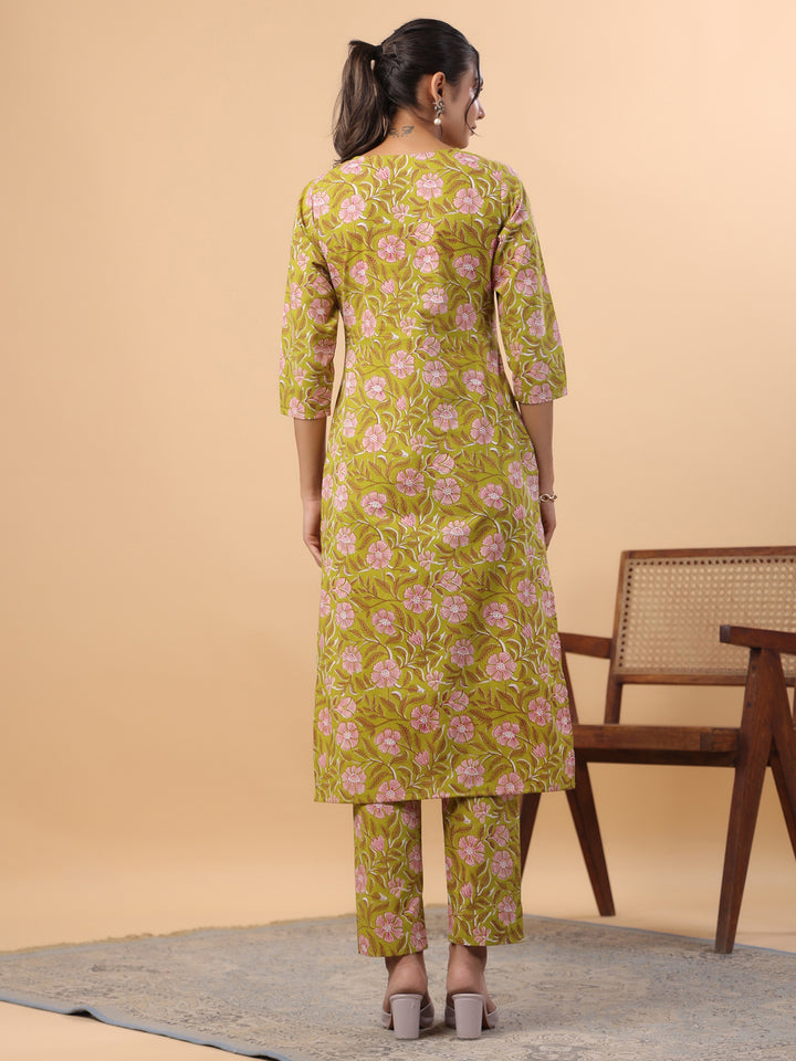 Lime Green Floral Cambric Kurta Set