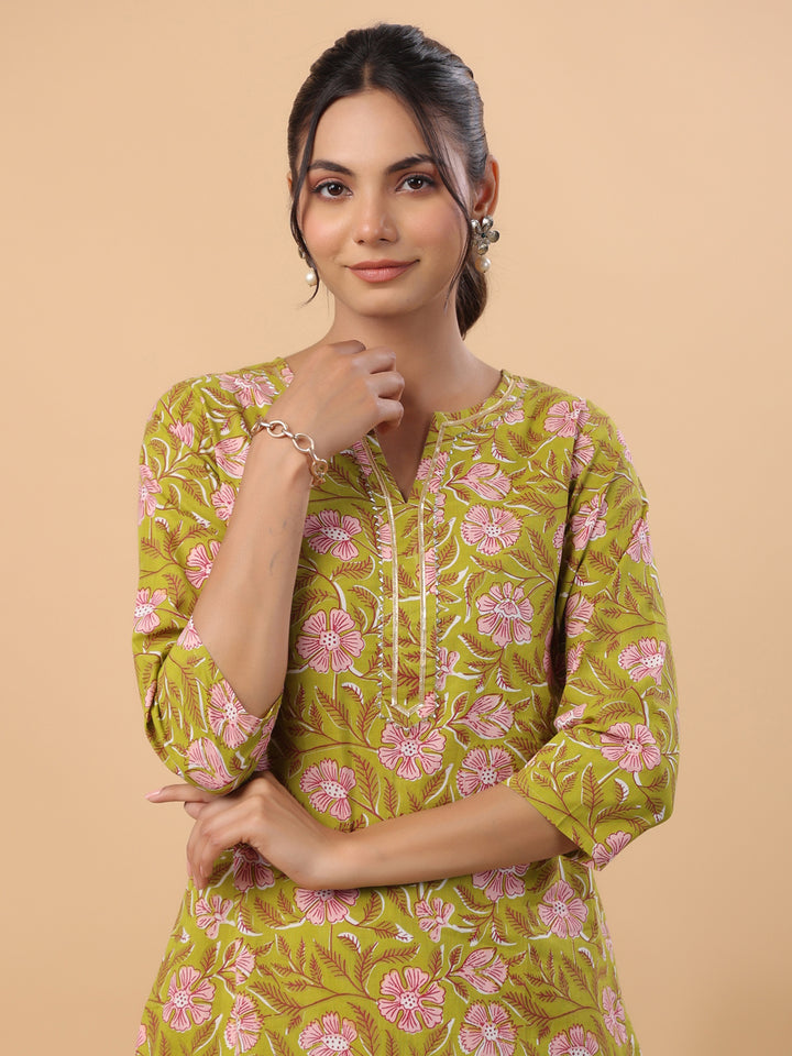 Lime Green Floral Cambric Kurta Set