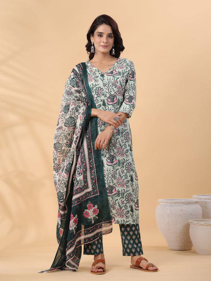 Mint Green Floral Cotton Regular Kurta Set