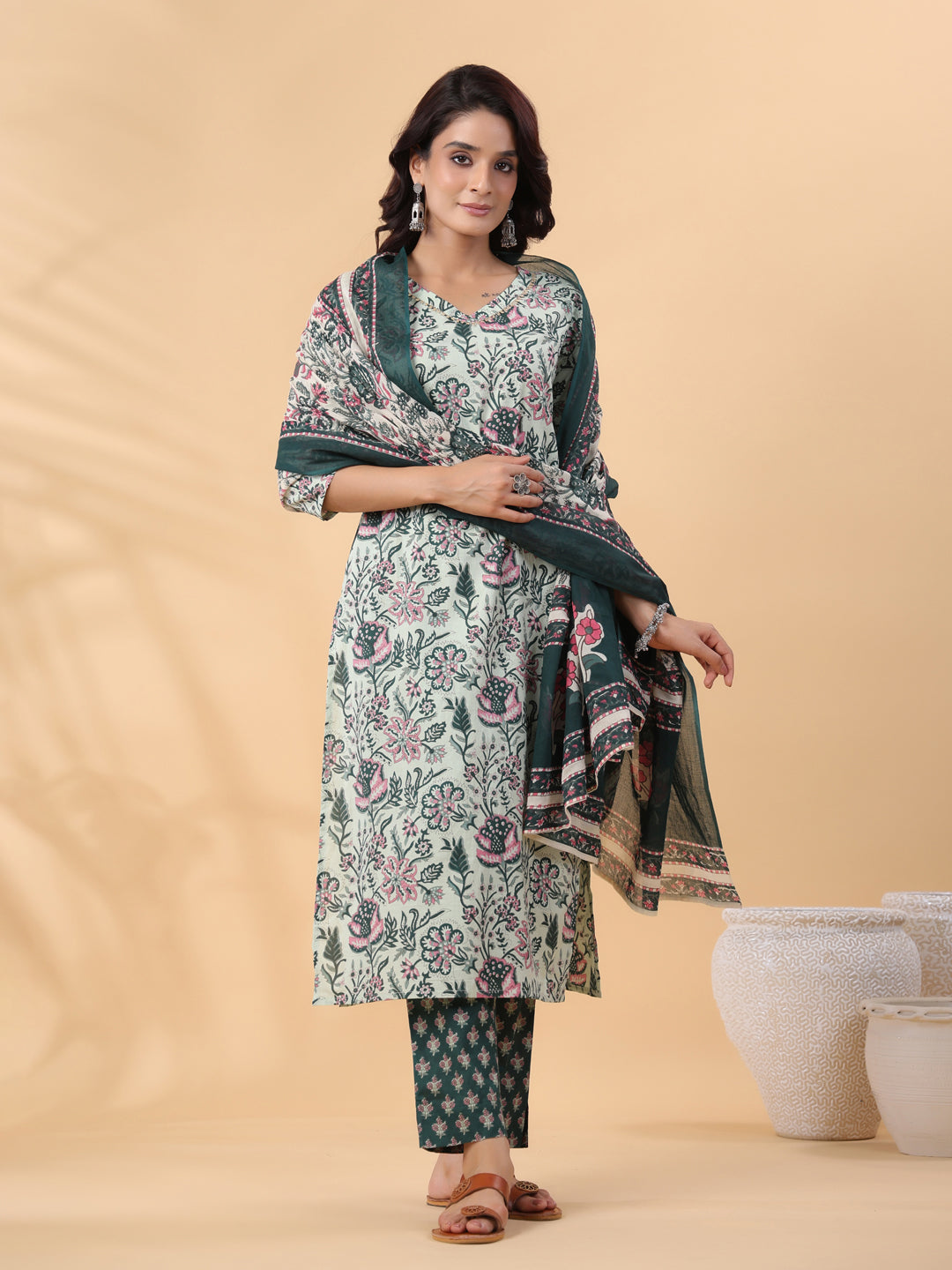 Mint Green Floral Cotton Regular Kurta Set