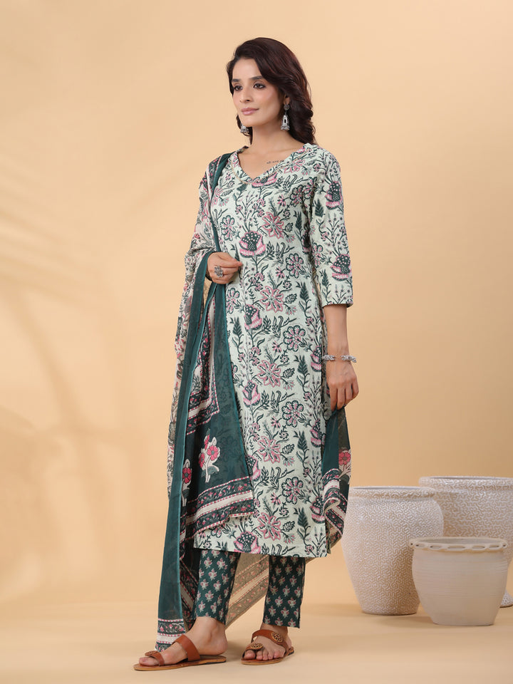 Mint Green Floral Cotton Regular Kurta Set