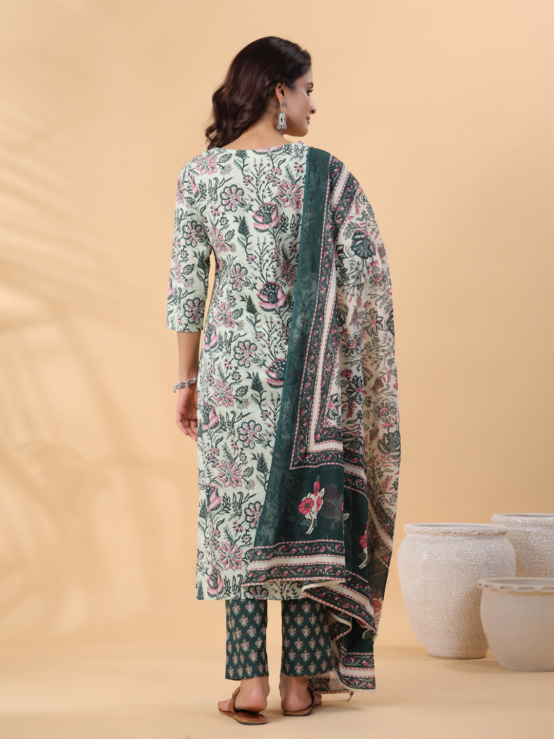 Mint Green Floral Cotton Regular Kurta Set