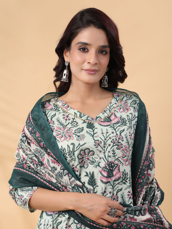 Mint Green Floral Cotton Regular Kurta Set