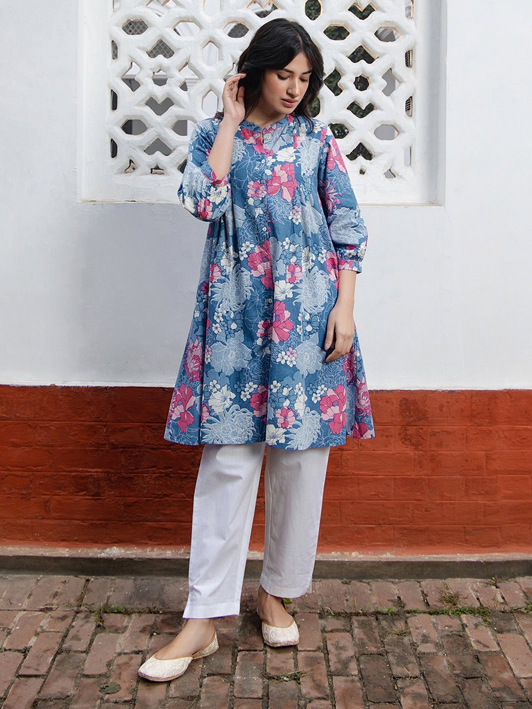 Blue Floral Print A-Line Tunic