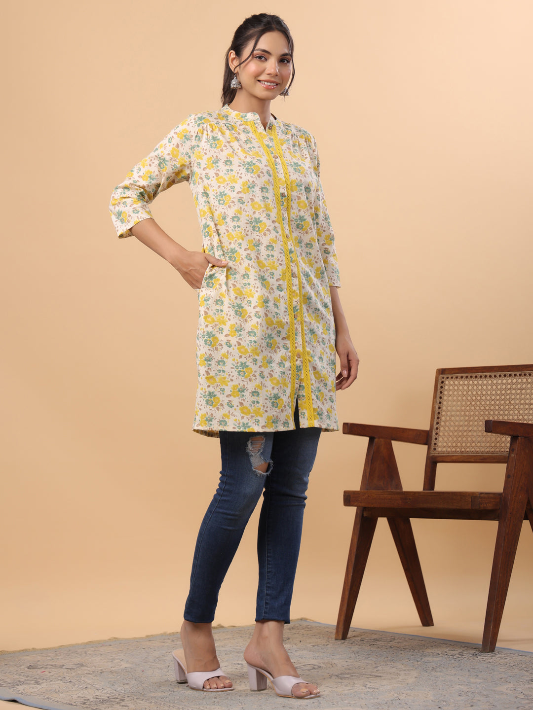 Cream Cotton Floral A-Line Tunic: A Perfect Blend of Comfort and Style