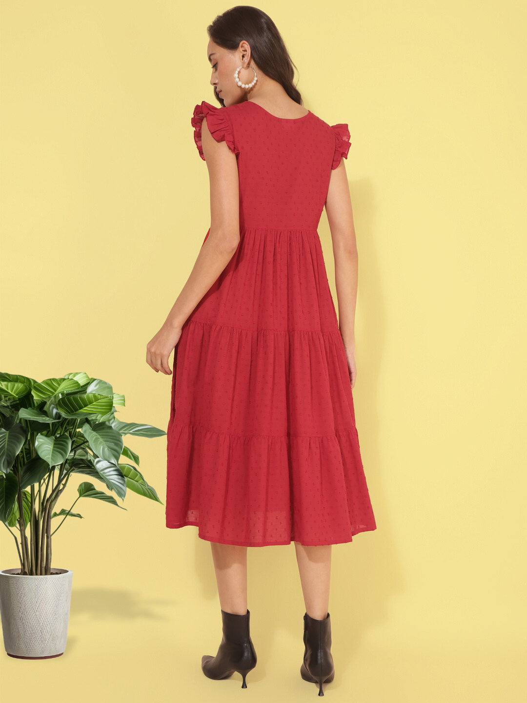 RED COTTON TEXTURED  SOLID TIERED WESTERN DRESS