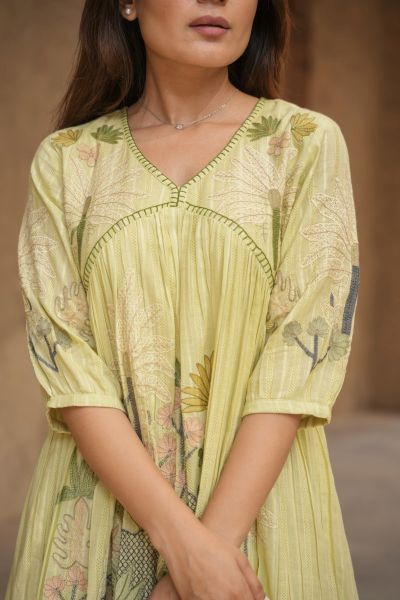 Light Green Cotton Embroidered A-Line Short Dress