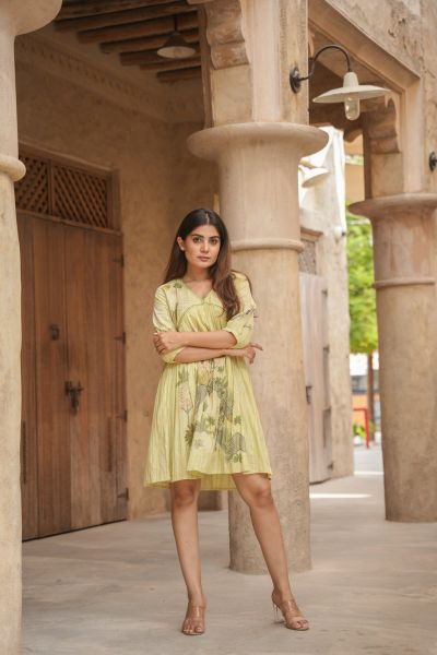Light Green Cotton Embroidered A-Line Short Dress