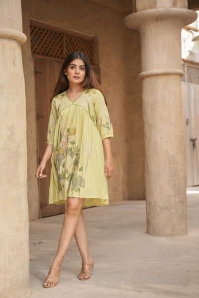 Light Green Cotton Embroidered A-Line Short Dress