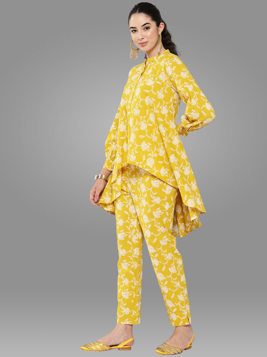 Floral Print Mustard Tunic and Pant Set