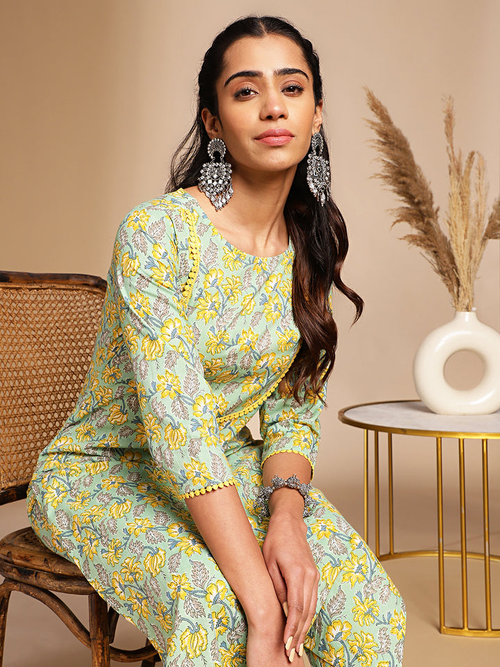 Light Green Cotton Floral Straight Kurta Set