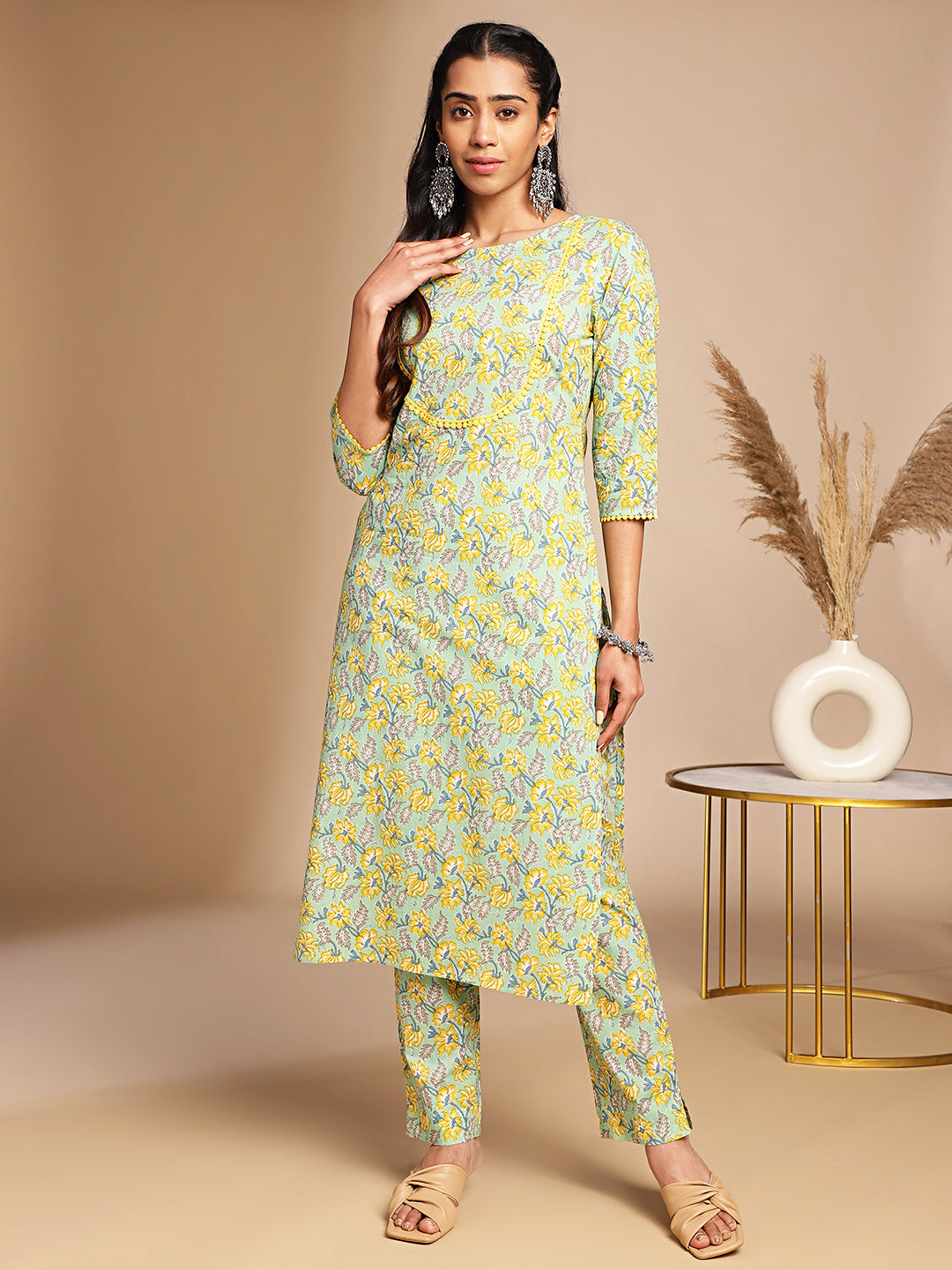 Light Green Cotton Floral Straight Kurta Set