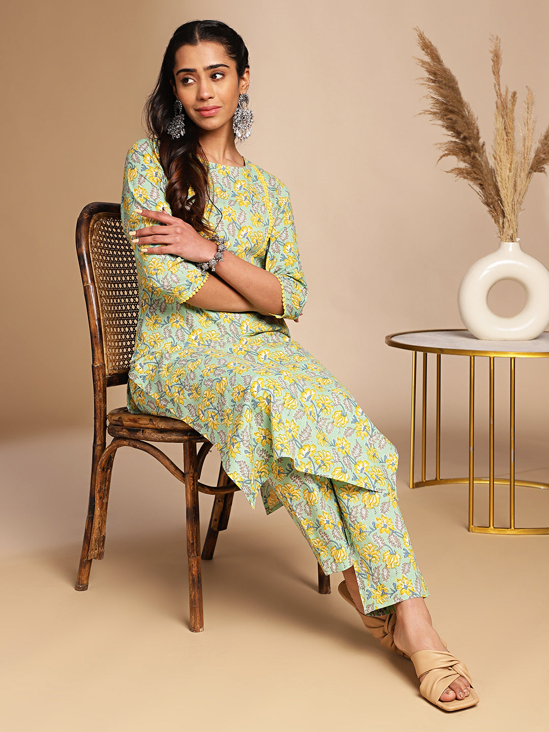 Light Green Cotton Floral Straight Kurta Set