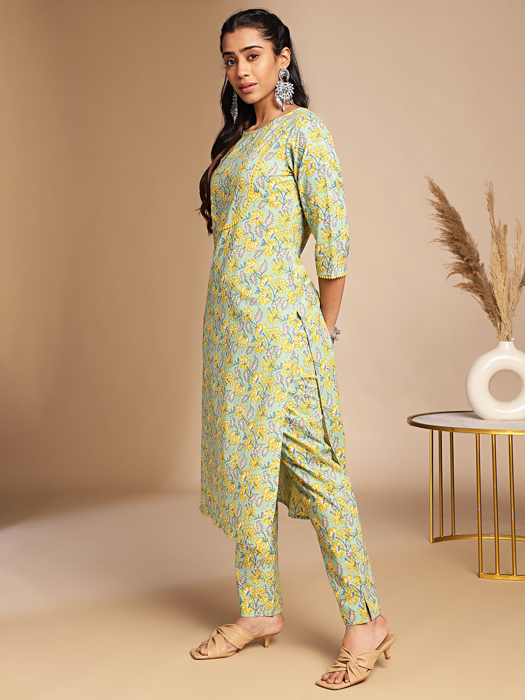 Light Green Cotton Floral Straight Kurta Set