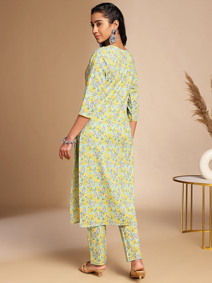 Light Green Cotton Floral Straight Kurta Set