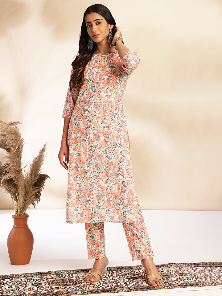 Beige Cotton Floral Straight-Cut Kurta Set