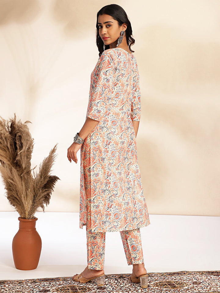 Beige Cotton Floral Straight-Cut Kurta Set