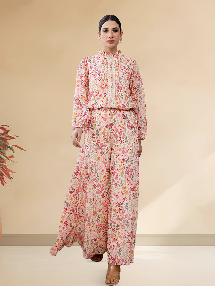 Pink and Beige Georgette Floral Co-ord Set with Flared Pants