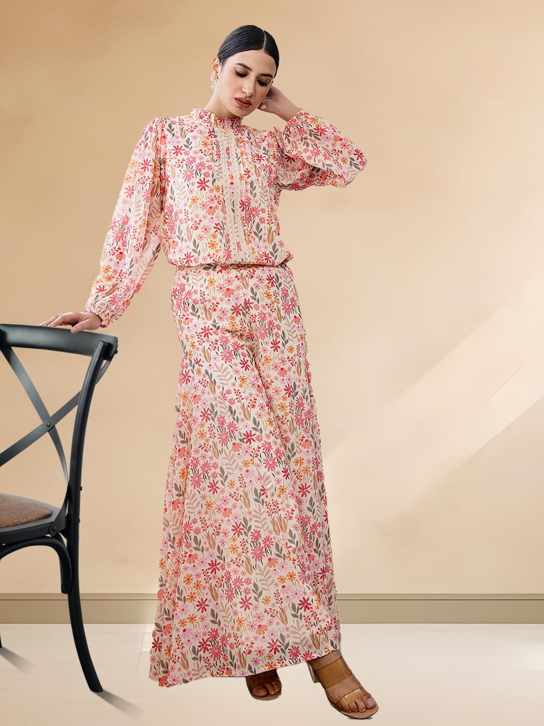 Pink and Beige Georgette Floral Co-ord Set with Flared Pants