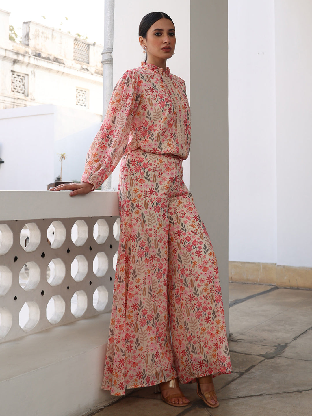 Pink and Beige Georgette Floral Co-ord Set with Flared Pants