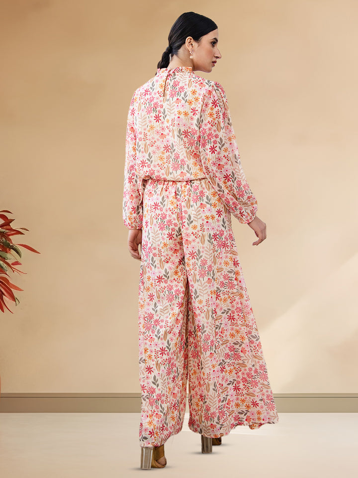 Pink and Beige Georgette Floral Co-ord Set with Flared Pants