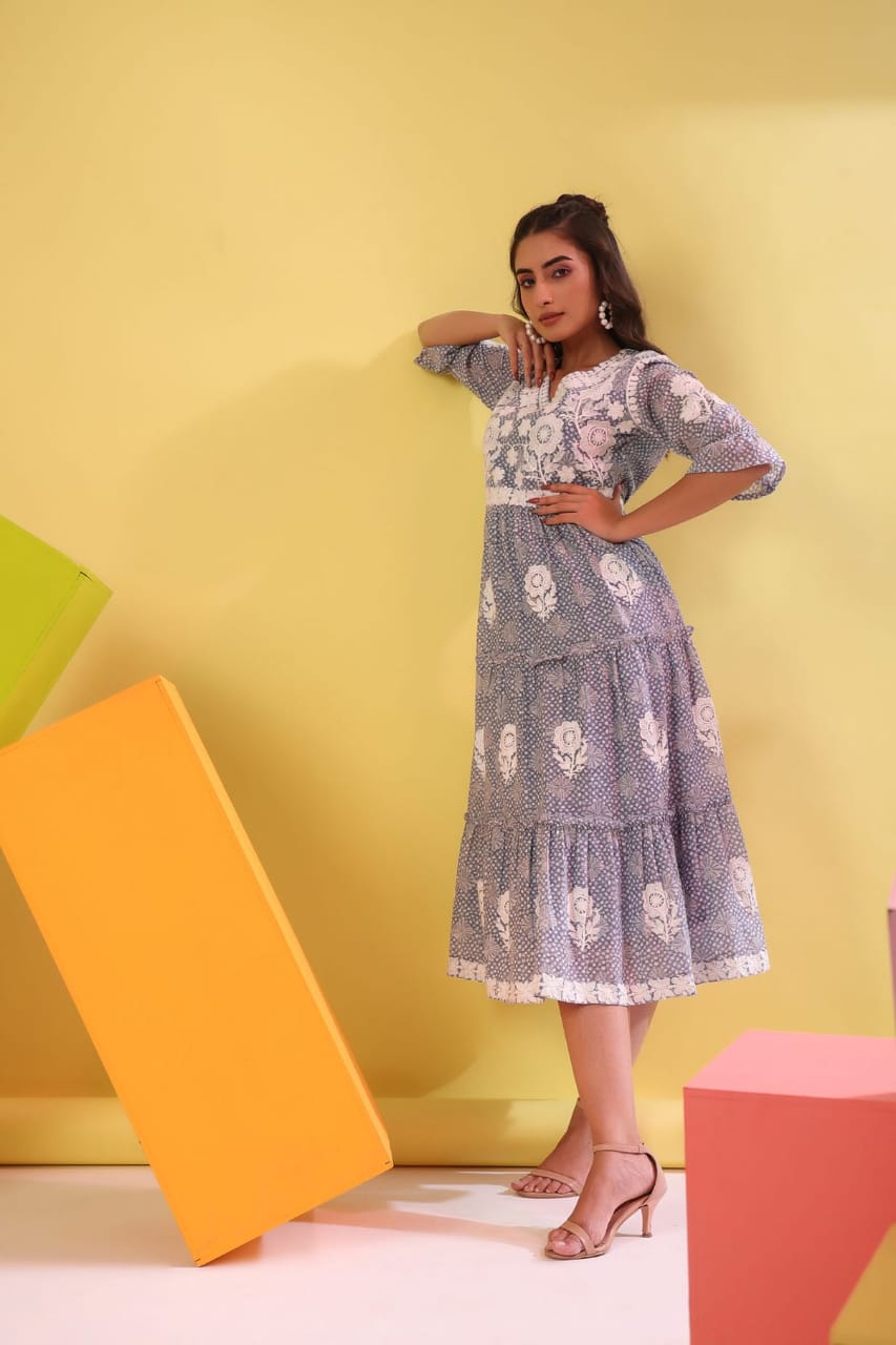 Charming Cotton Embroidered Custard Maxi Dress