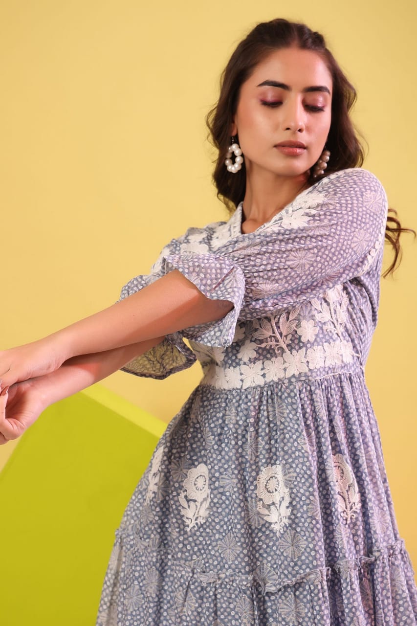 Charming Cotton Embroidered Custard Maxi Dress