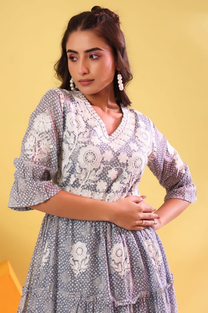 Charming Cotton Embroidered Custard Maxi Dress
