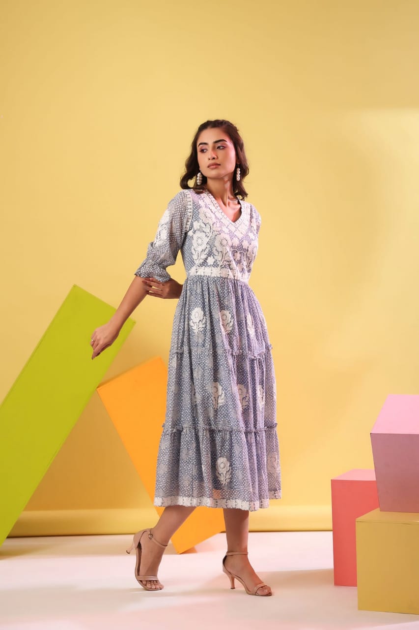 Charming Cotton Embroidered Custard Maxi Dress