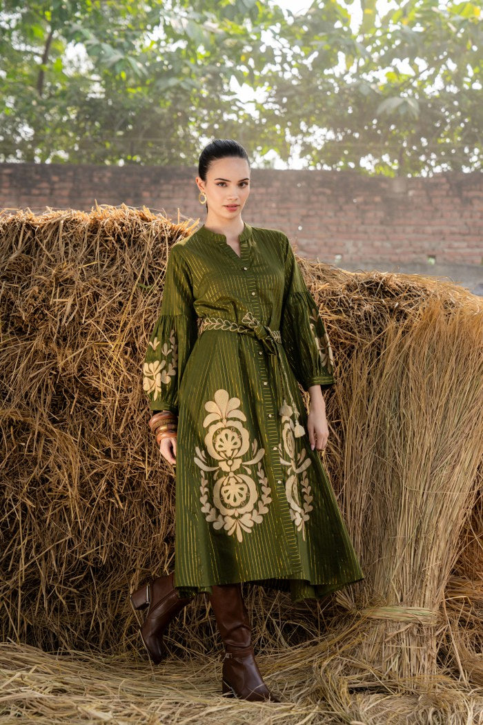 Olive Green Embroidered Cotton Midi Dress for Women