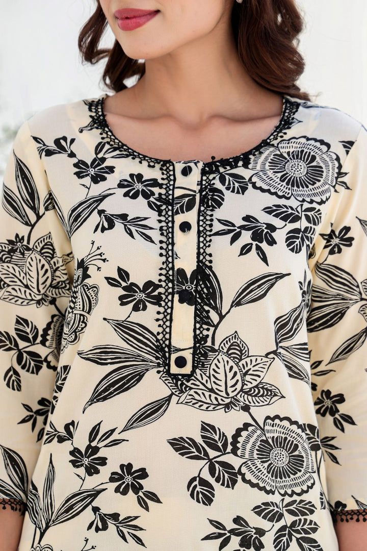 White Cotton Floral Printed Co-ord Set for Women