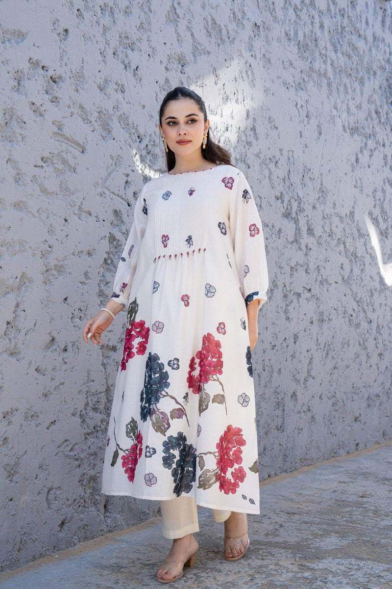 White Cotton Floral Printed Co-ord Set for Women