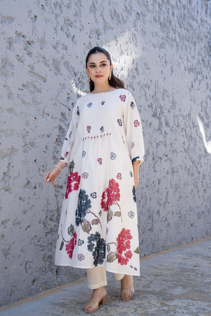 White Cotton Floral Printed Co-ord Set for Women